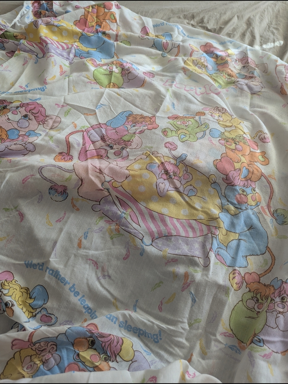 Vintage 1980s Popples Twin Fitted Sheet Bedding Rather Be Leapin Cartoon